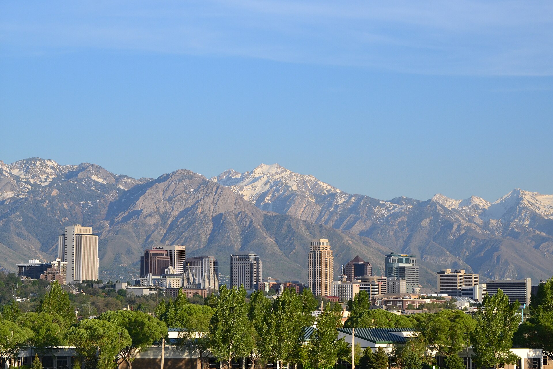 Salt Lake City skyline with the Wasatch mountains behind it, Utah.